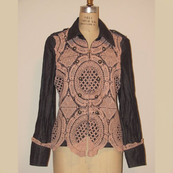 Upcycled Denim Jacket with Pink Lace - Picture 1 of 6